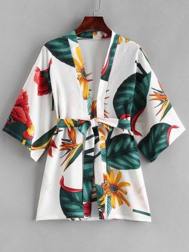 Plant Print Belt Kimono Cover-up