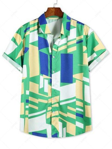 Color Blocking Geometric Print Button Up Vacation Shirt