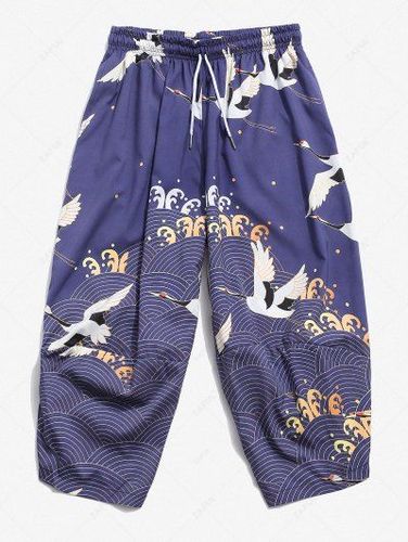 Flying Crane Sea Waves Print Cropped Pants