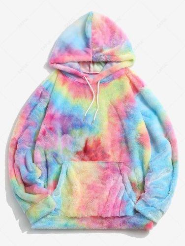 Kangaroo Pocket Tie Dye Pattern Faux Fur Fluffy Hoodie