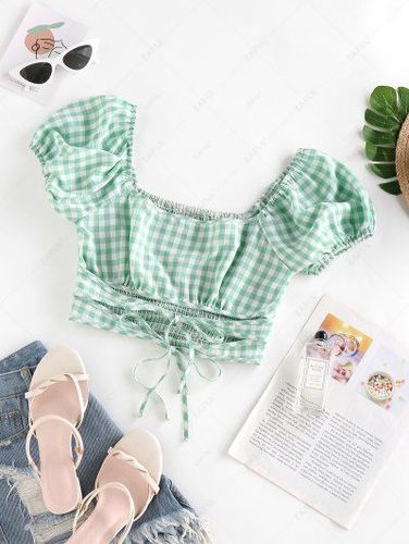 Gingham Tie Smocked Puff Sleeve Blouse
