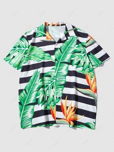 Hawaiian Tropical Leaf Contrasting Stripe Button Up Shirt