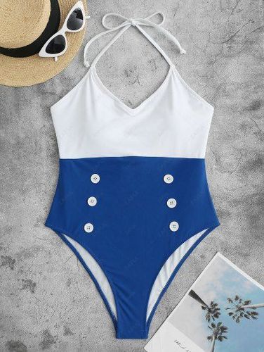 Halter Two Tone Mock Button One-piece Swimsuit