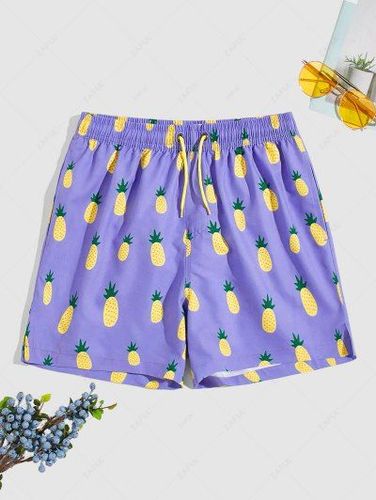 Pineapple Print Drawstring Pocket Slit Beach Shorts