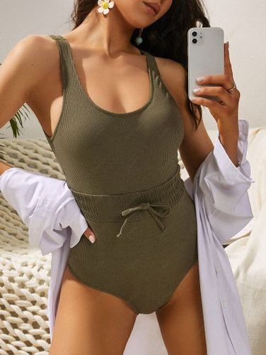 Ribbed Shirred Waist Bowknot One-piece Swimsuit