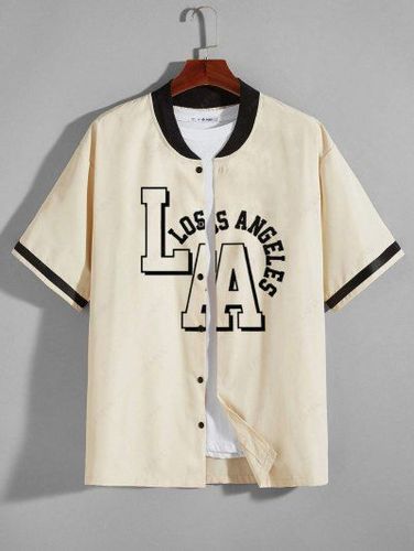Colorblock LOS ANGELES Printed Graphic Streetwear Baseball Shirt