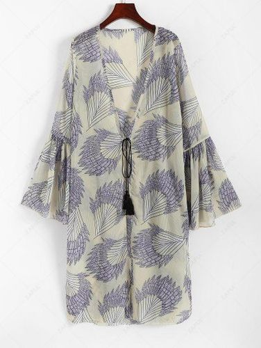 Flare Sleeve Leaves Print Tie Waist Cover Up Dress