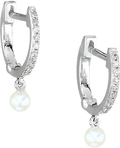 14K White Gold, Diamond & 2.5 MM Pearl Drop Huggie Hoop Earrings - White Gold