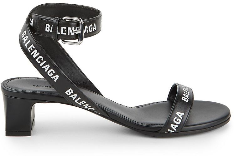 Logo-Print Leather Block-Heel Sandals - Black White - Size 8.5