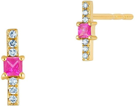 14K Yellow Gold, Diamond & Pink Sapphire Single Bar Stud Earring - Gold