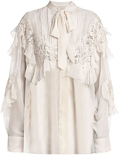 Ruffled Lace Chiffon Silk Shirt - Vanilla - Size 0