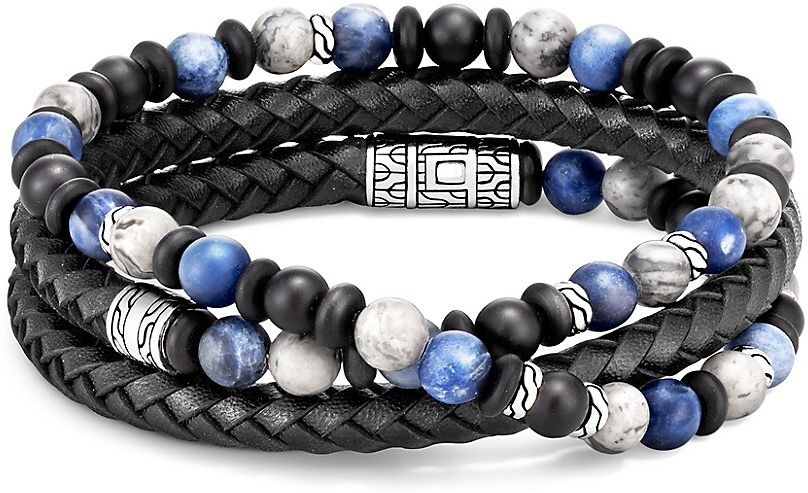 Classic Chain Beaded Sterling Silver & Leather Wrap Bracelet - Silver - Size Medium