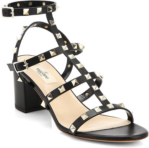 Garavani Rockstud Leather Block Heel Sandals - Black - Size 6.5