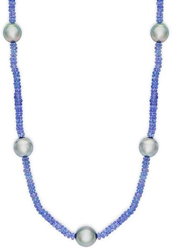 9-10mm Black Tahitian Pearl & Beaded Tanzanite Station Necklace