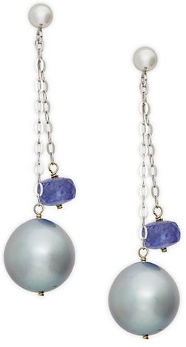 14K White Gold 11mm Gray Tahitian Pearl & Tanzanite Double Chain Drop Earrings