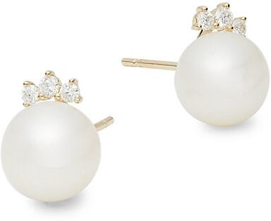 10MM Round Freshwater Pearl, 14K Yellow Gold & Diamond Stud Earrings