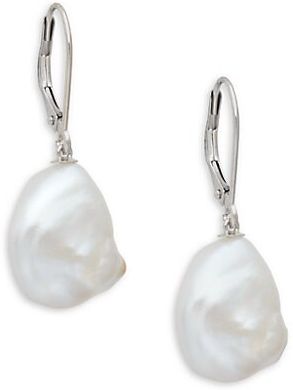 14K White Gold & 10-11MM White Baroque Pearl Drop Earrings