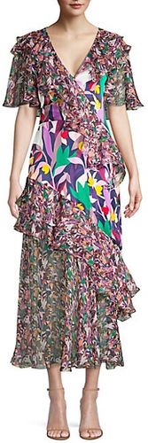 Ruffled Chiffon Mixed-Print Midi Dress