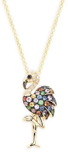 14K Yellow Gold, Multicolored Sapphires & Two-Tone Diamond Flamingo Pendant Necklace