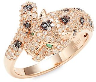 14K Rose Gold, White Diamond, Black Diamond & Emerald Panther Ring