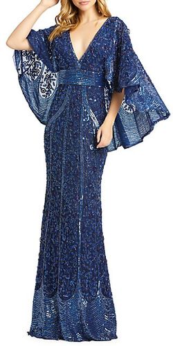 Embellished Cape-Sleeve Column Gown
