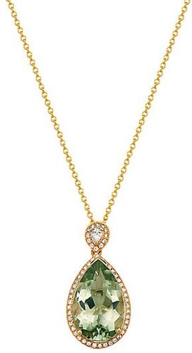 14K Yellow Gold, Green Amethyst & Diamond Pear Pendant Necklace