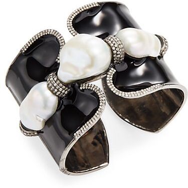 Sterling Silver, Black Enamel, 25MM Pearl & Diamond Cuff Bracelet