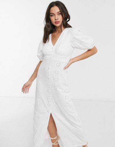 broderie tea maxi dress with puff sleeve in white