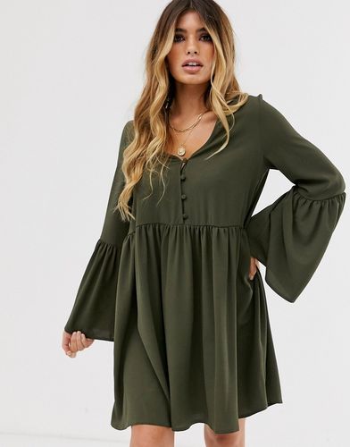 button through mini smock dress with fluted sleeves in khaki-Green