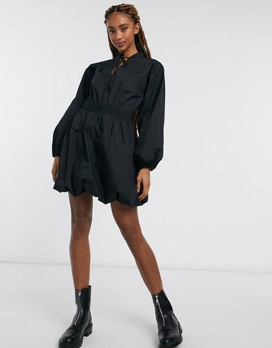 cotton poplin bubble hem mini dress with shirred waist in black