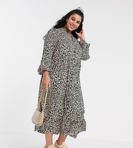 ASOS DESIGN Curve button through tiered smock maxi dress in leopard print-Multi