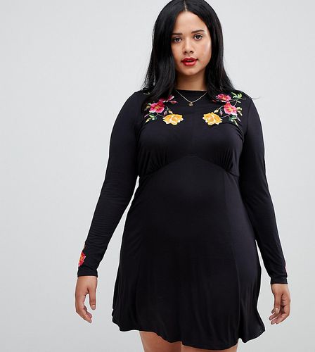 ASOS DESIGN Curve embroidered long sleeve tea dress-Black