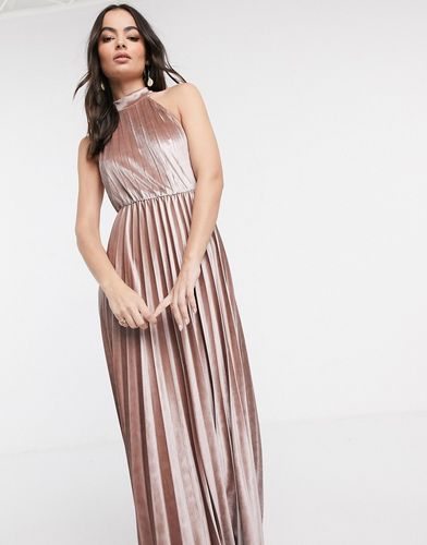 halter pleated waisted maxi dress in velvet-Neutral