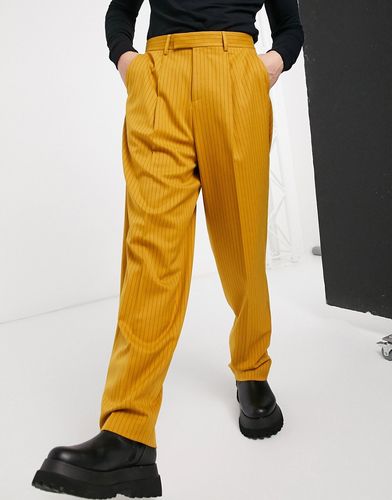 high waist slim smart pants in mustard pinstripe-Orange