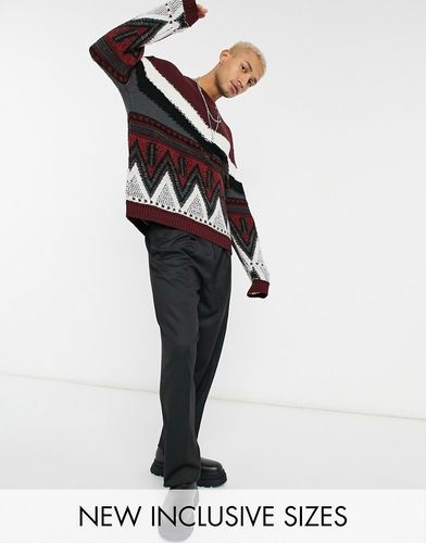 knitted oversized sweater with aztec pattern in burgundy-Red