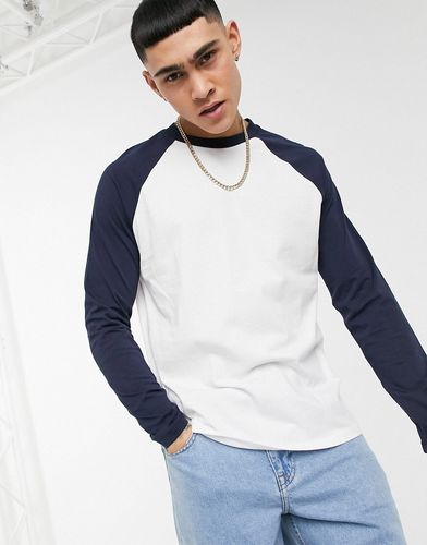 long sleeve raglan t-shirt in white with contrast navy sleeves-Multi