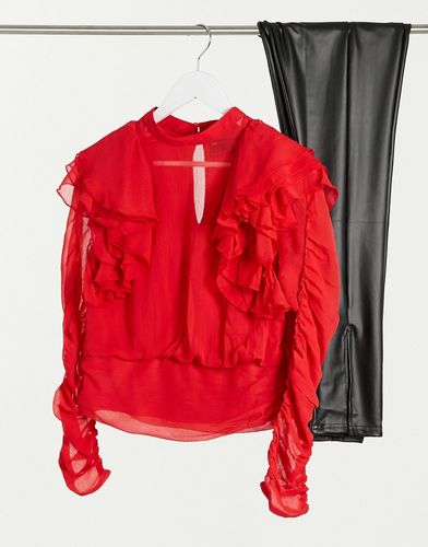 long sleeve ruffle chiffon blouse in red