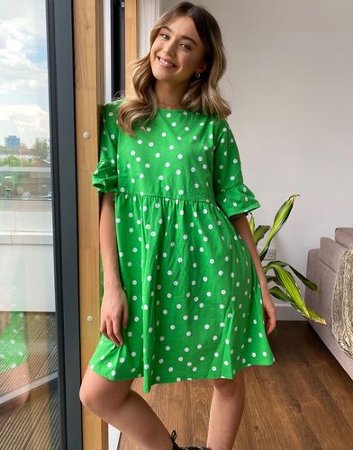 mini smock dress with frill sleeve in green spot