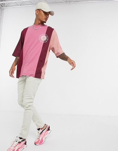oversized t-shirt in color block with embroidery and waffle fabric panels-Red