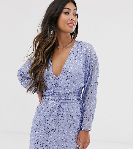 ASOS DESIGN Petite mini dress with batwing sleeve and wrap waist in scatter sequin-Blues
