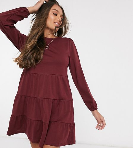 ASOS DESIGN Petite smock mini dress with tiered hem with long sleeve in port