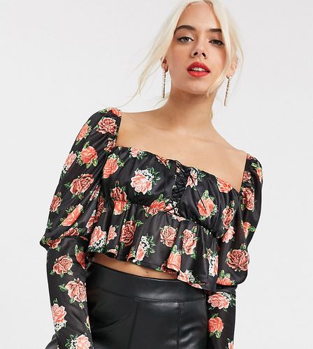 ASOS DESIGN petite square neck top with peplum hem in rose print-Black