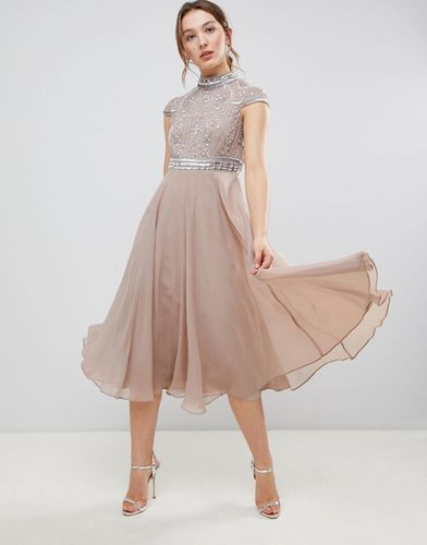 Premium Short Sleeve Midi Dress With Heavily Embellished Bodice-Pink