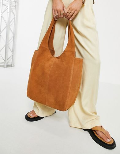 Shopper oversize squadrata in camoscio color cuoio-Marrone