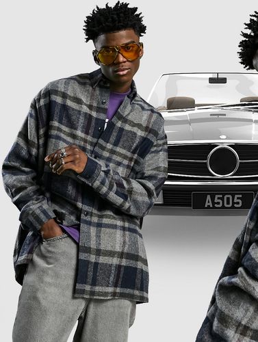 super oversized wool mix check shirt in gray and black-Grey