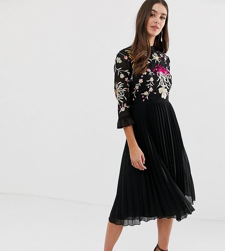 ASOS DESIGN Tall embroidered pleated midi dress with fluted sleeve-Black