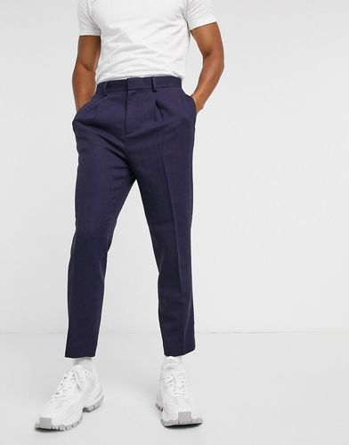 tapered smart pants in navy and blue wool mix twill-Blues