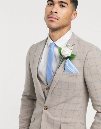 wedding super skinny suit jacket in wool mix with beige grid check-Neutral