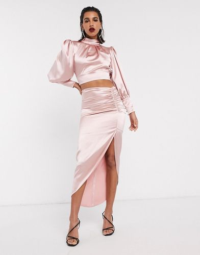 satin midi skirt with ruched detail-Pink