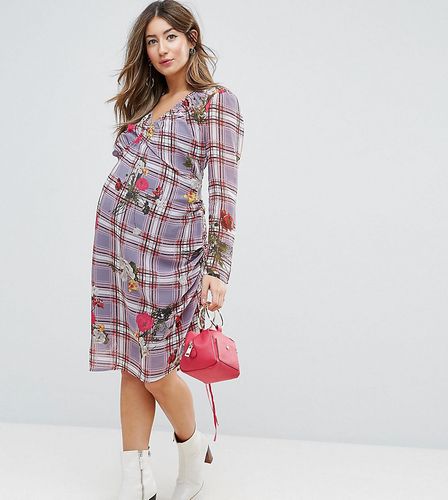 Floral and Check Midi Dress with Tie Side Channelling Detail-Multi